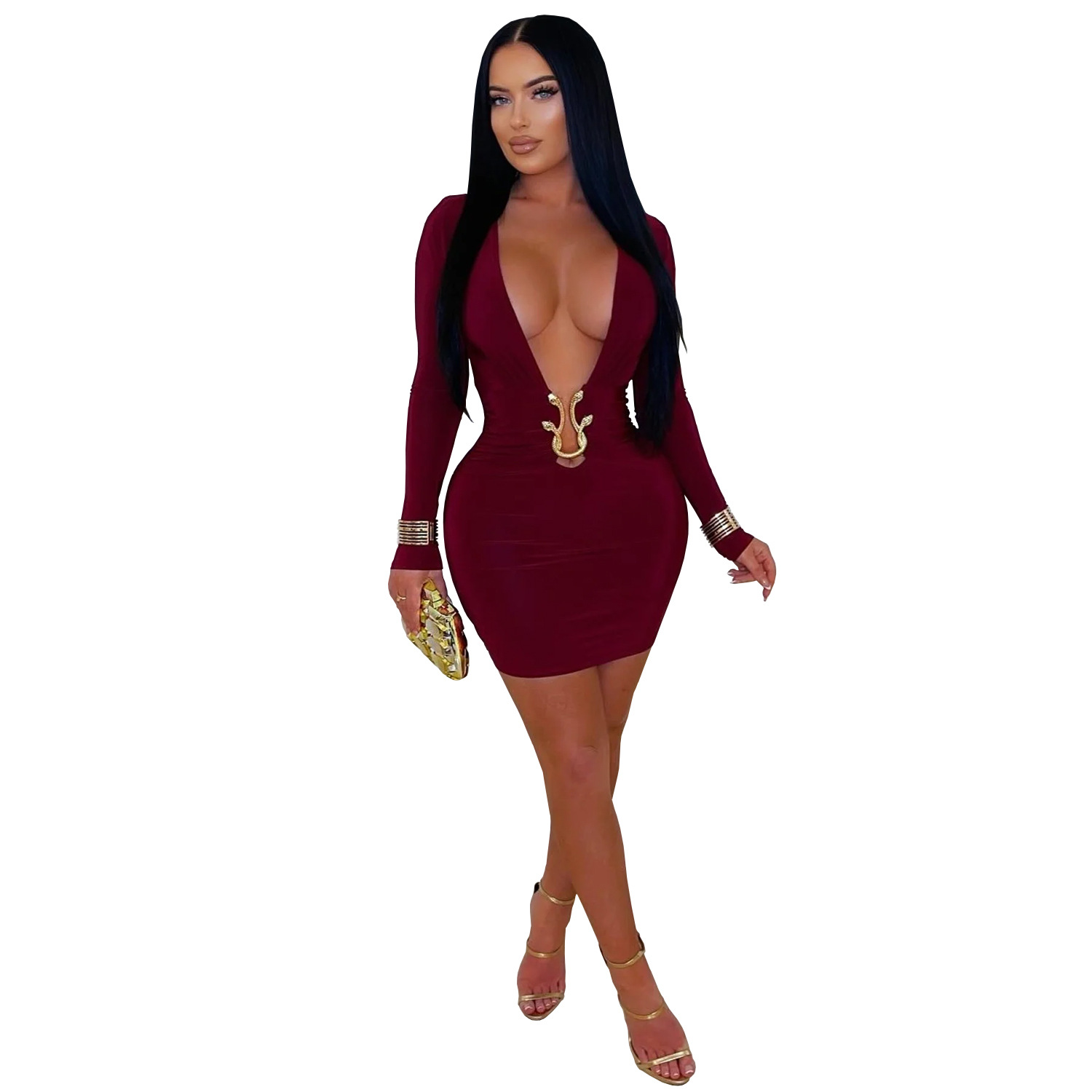 C7609 Aliexpress transfronterizo amazon ropa de moda europea y americana sexy profunda v vestido de acessorios en forma de serpiente image 8