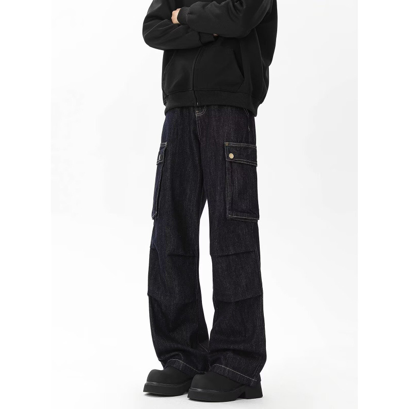 American-Style Workwear Large Pocket Design Jeans for Men, High Street Vibe Straight-Leg Hip-Hop Pants Trendy Brand