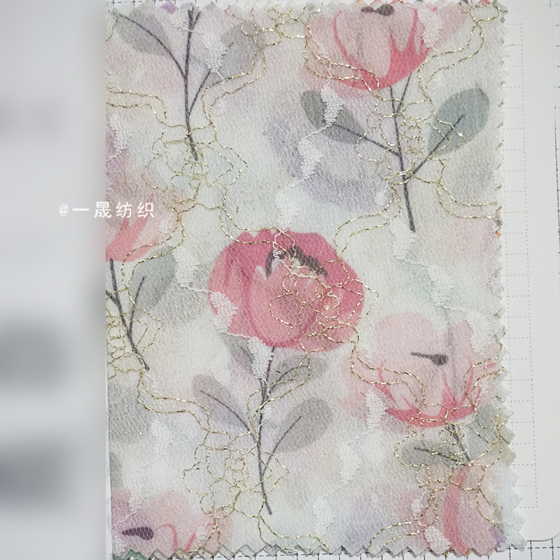 高端旗袍复合蕾丝布料郁金香大花国风水墨画数码印花涤纶汉服面料