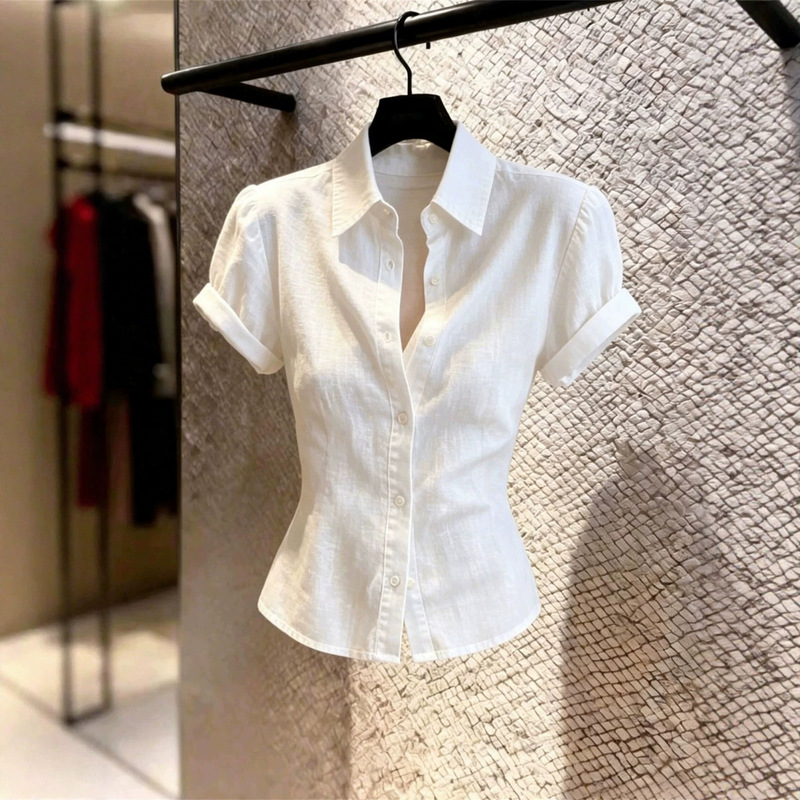 White Slim-Fit Button-Down Short-Sleeve Linen Shirt for Women, 2026 Summer High-End Light Luxury Gentle Style Top White Slim-Fit Button-Down Short-Sleeve Linen Shirt for Women, 2026 Summer High-End Light Luxury Gentle Style Top