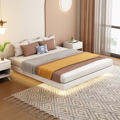 全實木床 榻榻米 橡膠木床 無床頭帶燈懸浮床 北歐實木床原木風床