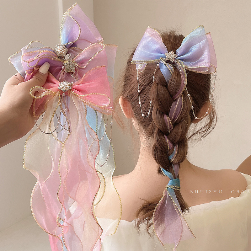 2pcs Fairy hanfu  princess dress hair ribbon for girls Pearl bow headdress children's braided fringed streamer hairpin hairband women's tied hairpin