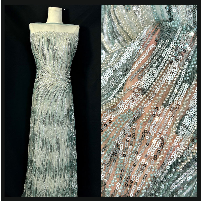 Bridal dress lace fabric vestido de noche europeo y americano malla lentejuelas tela bordada con tubo de cuentas