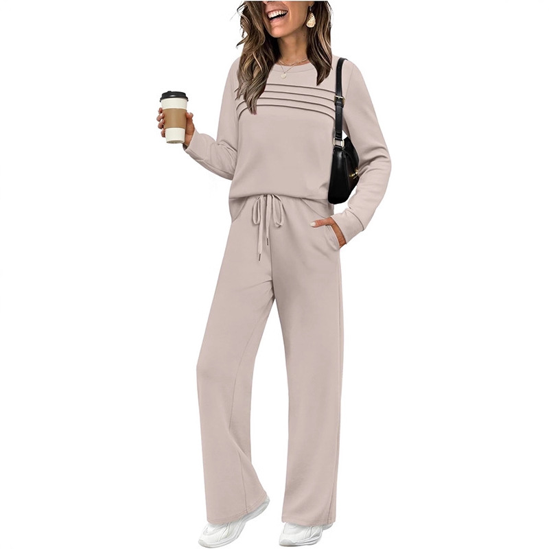 Women's Autumnal European American Style Long Sleeve Round Neck Top And Wide Leg Pants Set Casual Elastic Waist_ecoleips.com