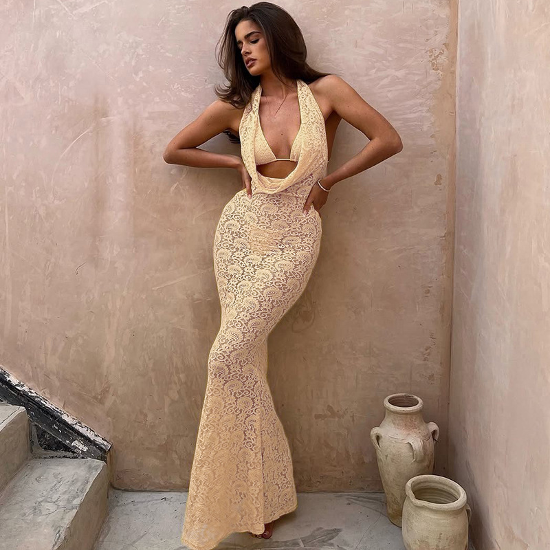 2025 nuevo estilo de las mujeres europeas y americanas transfronterizas temperamento encaje encaje halter cuello en V cuello hueco espalda abierta vestido delgado mujeres image 1