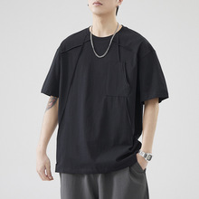 美式黑色短袖t恤男夏季纯色小众设计感褶皱半袖上衣拼接男生体恤