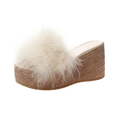 感婚紗神器松糕鞋白色晨袍羽毛增高毛毛拖鞋高跟好穿9cm新娘