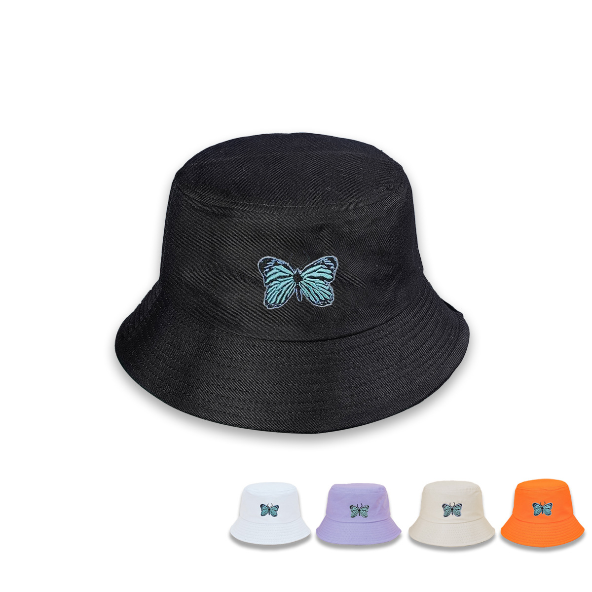 Nuevo sombrero de pescador de mariposa azul bordado simple todo partido sombrero de mujer de ala ancha cara de aspecto pequeño sombrero de lavabo de moda estilo coreano sombrero para el sol