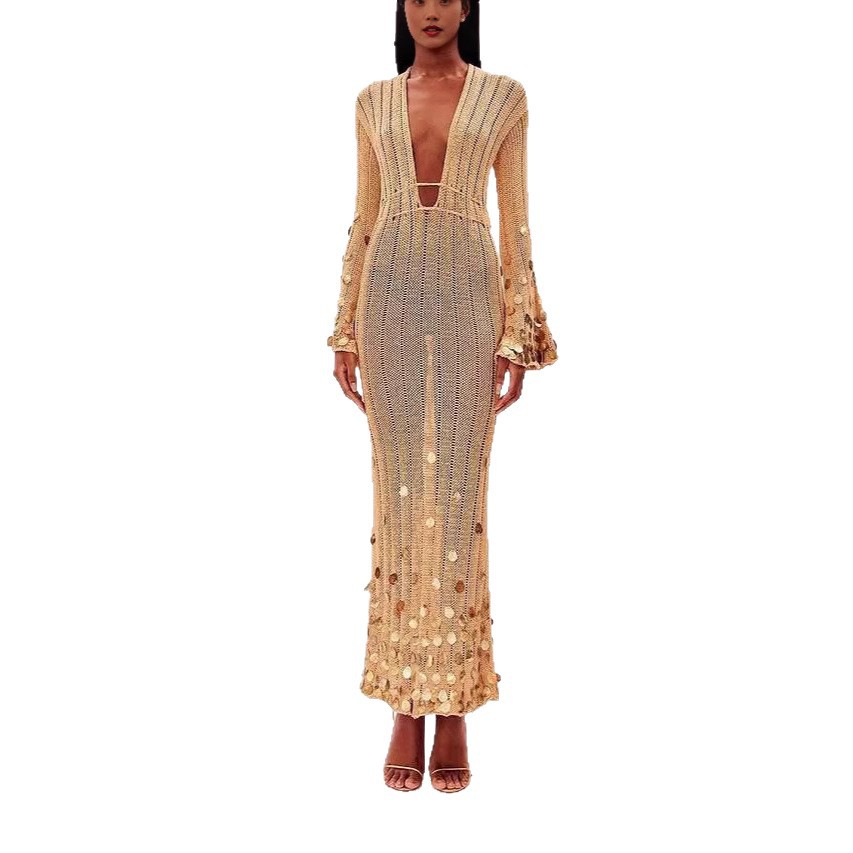 GraceChic 2025 Primavera e Autunno Nuovo Elegante e alla Moda Scollo a V Abito Lungo in Maglia Slim All'Ingrosso_voghion.com