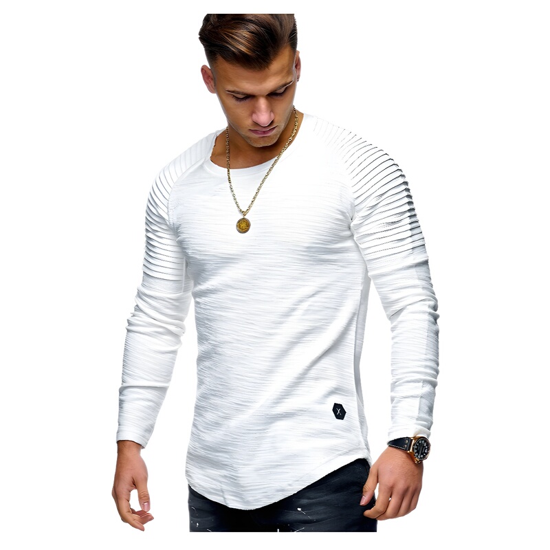 Military Green New Men's Solid Color Slim-fit Crewneck Long-sleeved T-shirt Fashionable Folded Raglan Sleeve Men's Sports T-shirt