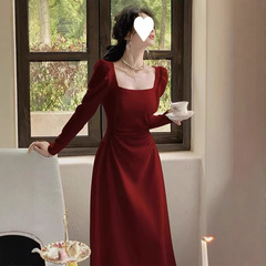 红色长袖连衣裙女春秋法式订婚礼服新娘敬酒服平时可穿红裙子长裙