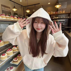 韩系温柔甜美条纹连帽开衫卫衣女春秋简约高级感宽松休闲百搭外套