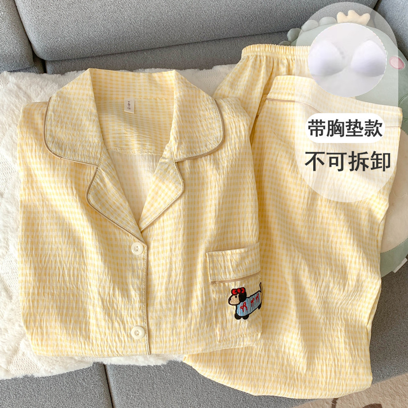 带胸垫纯棉纱布睡衣女长袖长裤春秋款套装可爱小狗开衫家居服夏季|undefined