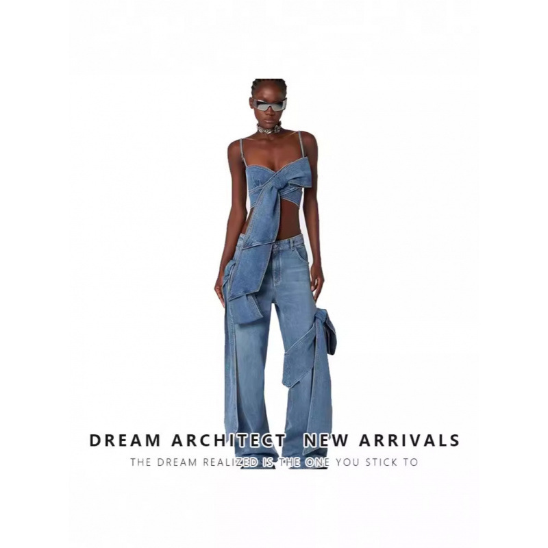New Retro Hot Girl Personality Three-Dimensional Bow Tube Top Vest Knot Straight Wide Leg Distressed Jeans Suit