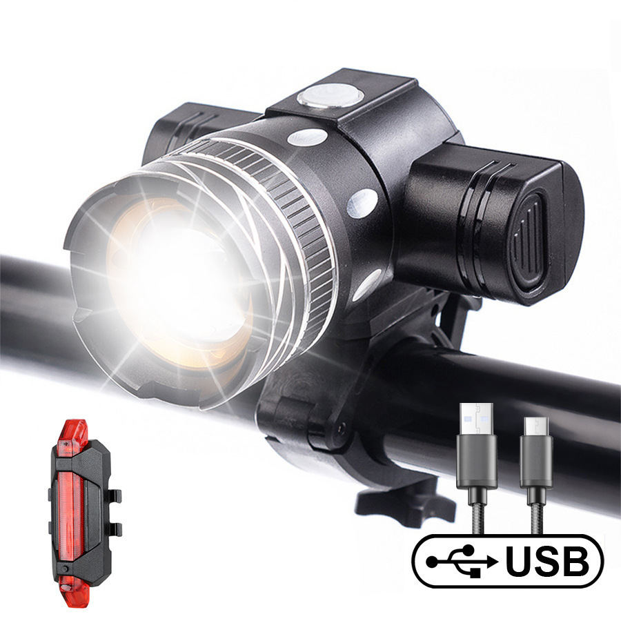 Luz de aluminio para bicicletas transfronterizas, base de carga USB, batería giratoria de 360 grados, luz de viaje de zoom desmontable
