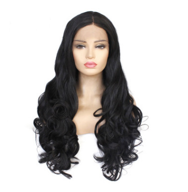 Funda de peluca de seda de alta temperatura de fibra química estilo de moda europeo y americano negro ondulado cabello largo y rizado encaje delantero LW0281