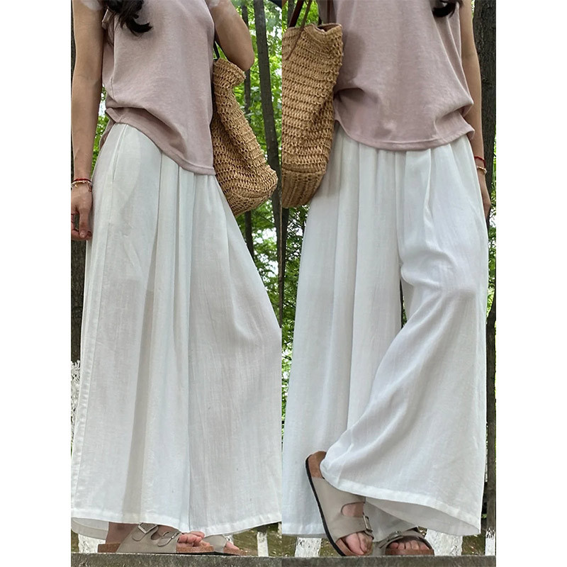 White Glaze-Colored Linen Culottes for Women, Summer Thin Style, 2026 New Model, Loose and Lazy with a Draping Effect, High-Waisted, Slimming Cotton-Linen Wide-Leg Pants