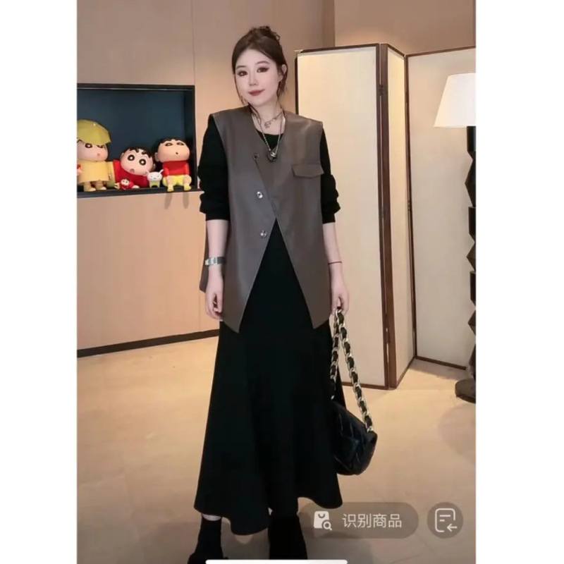 大码胖气质盐系轻熟长袖连衣裙女春秋季显瘦裙子马甲两件套|undefined