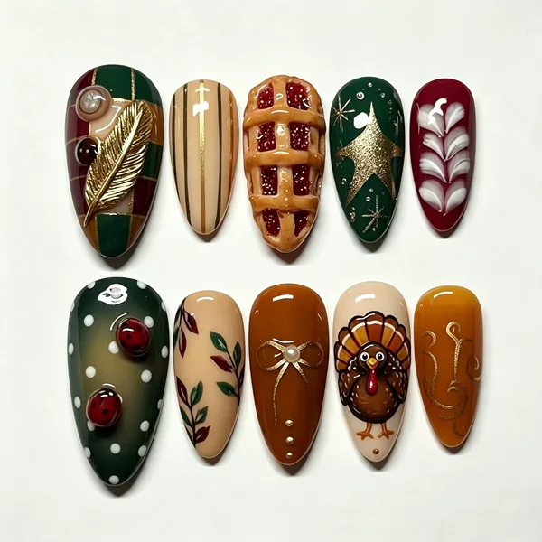 30 pieces of cross-border autumn Thanksgiving turkey almond gold-plated press-on nails with painted turkey plaid nail art wholesale