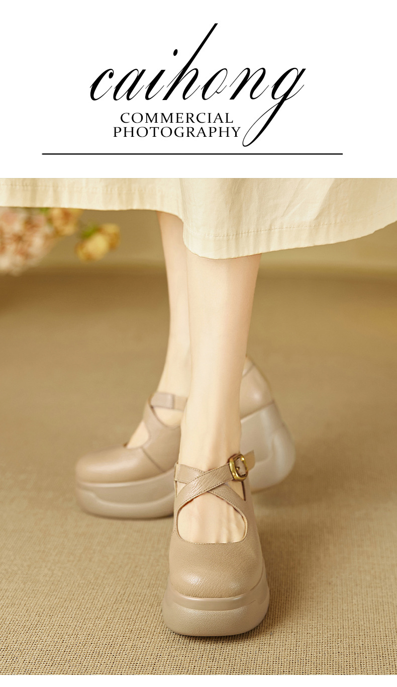 Giày cao gót Mary Jane nữ mũi tròn da cừu khóa chéo gót 9 cm — đen chi tiết 2