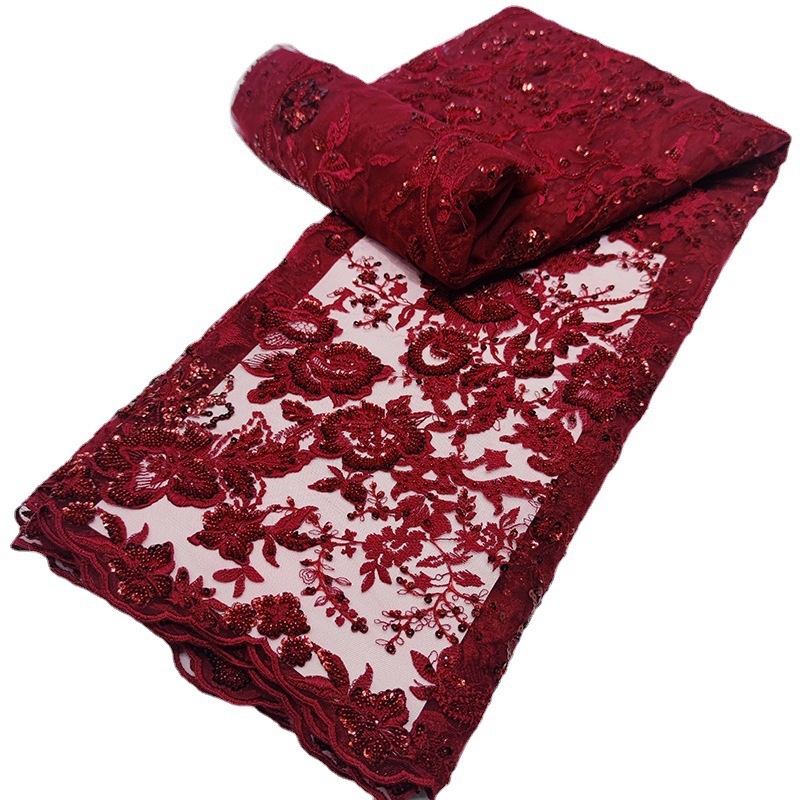 重工珠管蕾丝面料高定旗袍网红裙刺绣网布婚纱礼服晚宴连衣裙lace