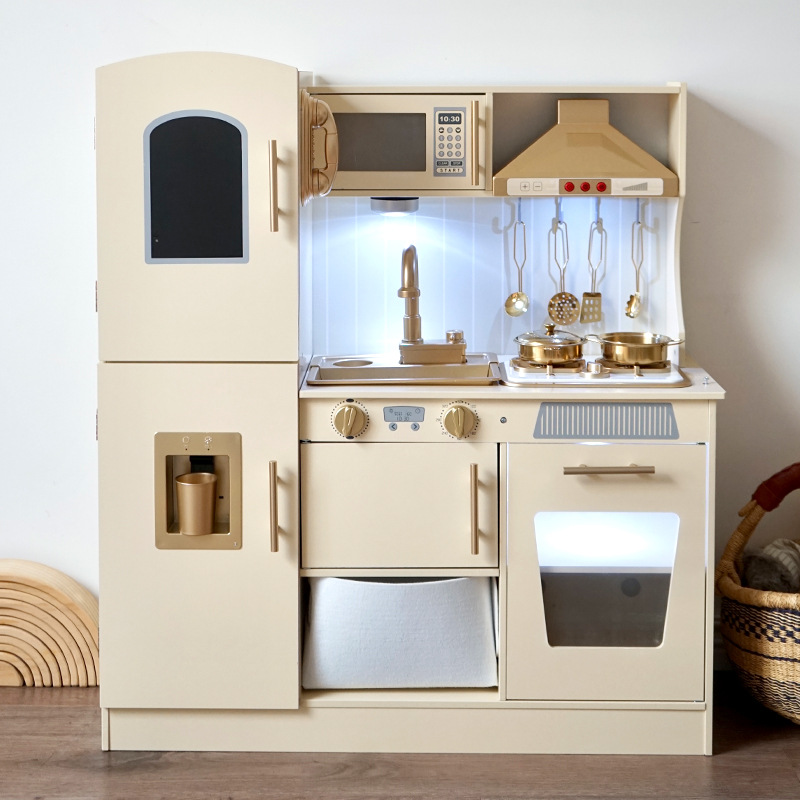 Golden Kitchen Export Quality Simulation Playhouse Sound and Light Effect Wooden Toy Lighting Atmosphere Complete Kitchenware Set
