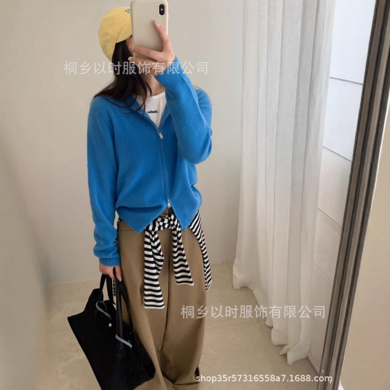 以时 25秋冬新款百分百全羊毛针织小开衫 森系连帽双头连外套 女|undefined
