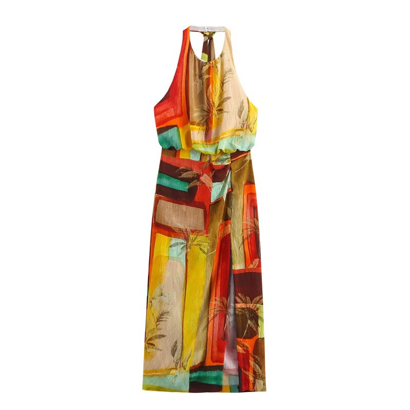 European and American 2025 New Summer Women's Clothing Tropical Style Printed Midi Long Dress