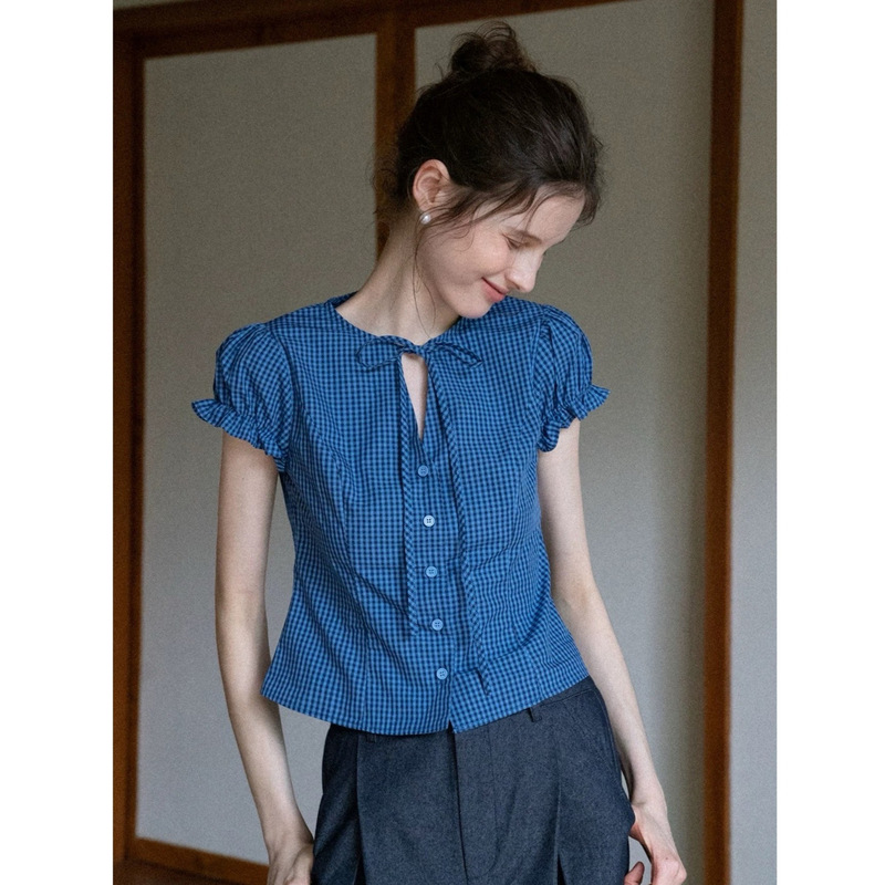 Egka Blue Puff Sleeve Tie-Up Plaid Shirt for Women, Summer Sweet and Stylish Short Slim-Fit Casual Top