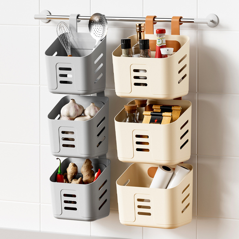 Home Kitchen Small Hanging Basket Bathroom Shelf Wall Mount Plastic Hanging Storage Basket Magic