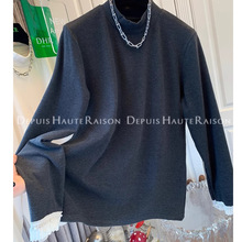 240斤特大码法式气质蕾丝拼接打底衫女时尚宽松显瘦半高领长袖T恤