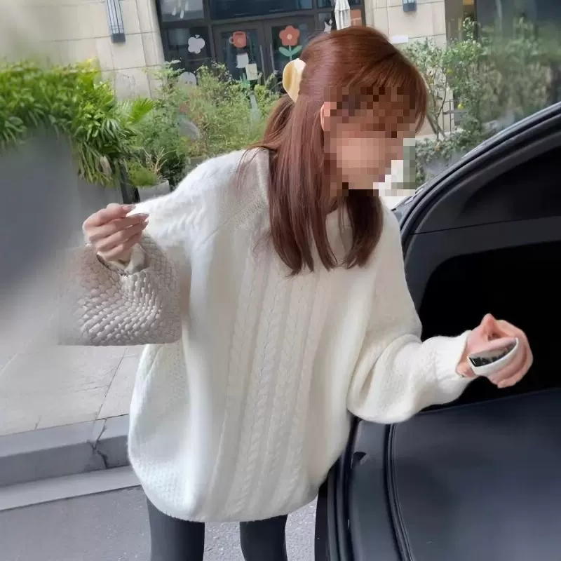 慵懒风圆领麻花宽松毛衣女新款韩版气质中长款加厚套头打底衫上衣