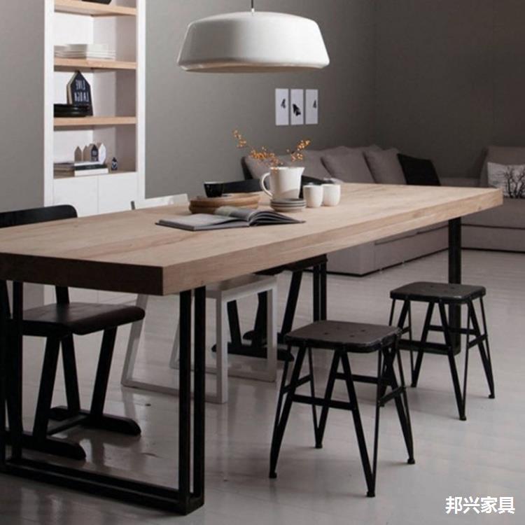 北欧简约实木餐桌覆古铁艺饭店饭厅咖啡厅长方形桌做旧原木长条桌