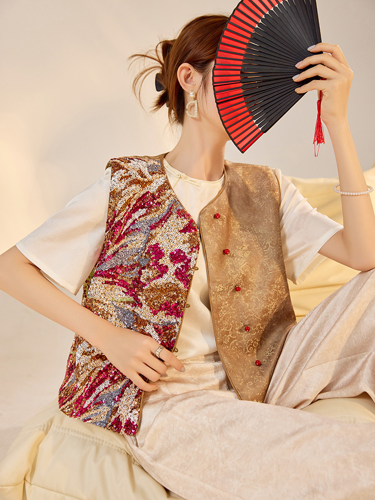 Áo vest nữ phong cách Trung Hoa mới 2026, thiết kế thêu sequin, chất rayon sang trọng — Đen, Màu huyền ảo, Xanh lam