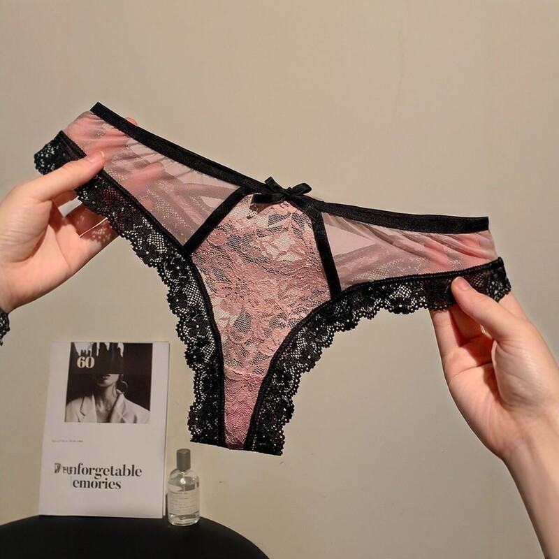 Pure Desire Lace Hollow-Out Triangle Panties for Women, Low-Waist Sexy Breathable Seamless Underwear, Thin Style Hot Thong with Pure Cotton Crotch