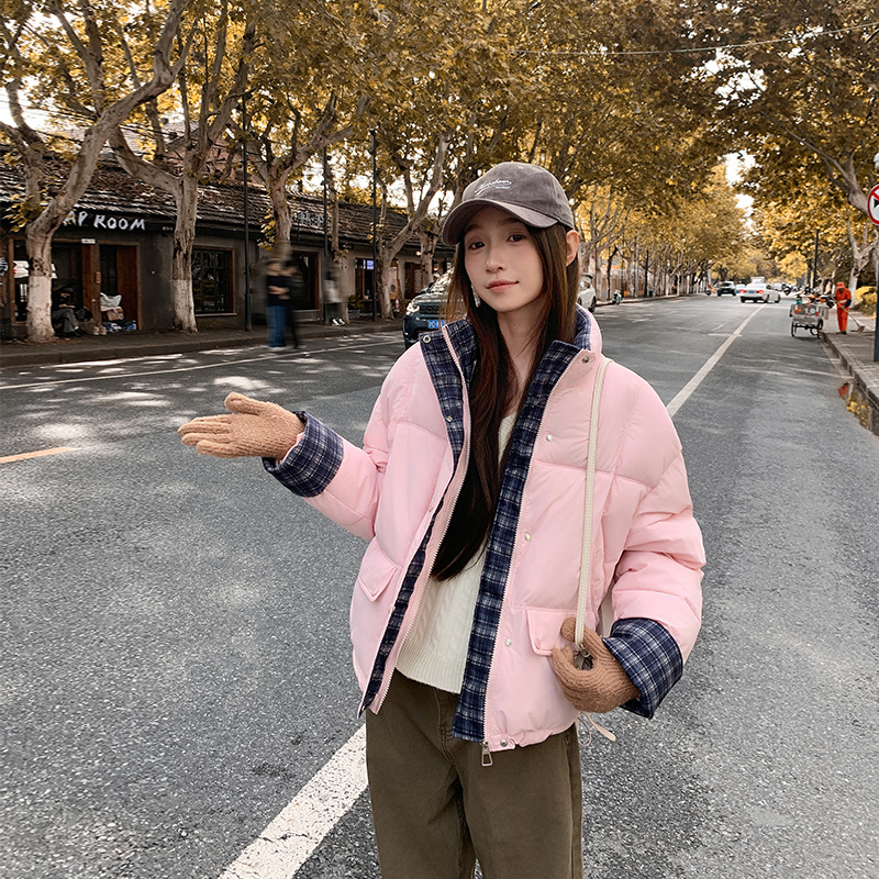 2025 invierno simple coreano empalme cuadrícula manga de cuello de plumón damas chaqueta corta chaqueta de pan chaqueta superior image 6