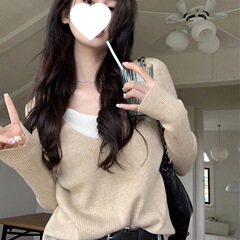 设计感V领假两件拼接针织毛衣女装2025早秋新款修身显瘦休闲上衣