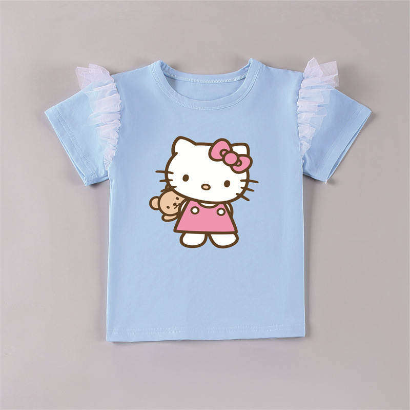 女童2024夏季新款洋氣中小童Kitty貓印花短袖上衣圓領T恤批發