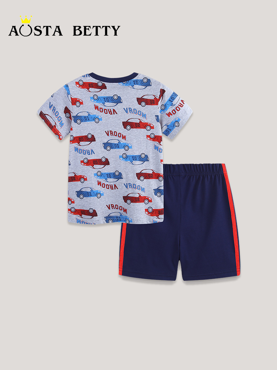 Nuevo juego para niños en verano, impresión de cuello redondo europeo y americano, juego de manga corta para niños, juego de dos piezas para niños pequeños y medianos de algodón de punto image 3
