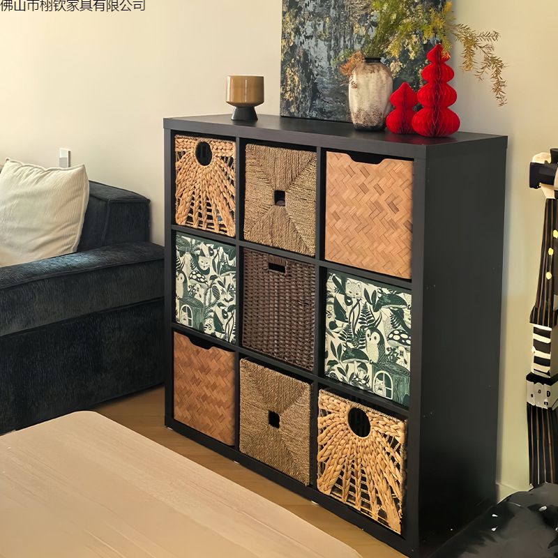 Medieval Style Bookcase Kalike Plaid Cabinet Black Nine-Compartment Cabinet Living Room Sofa Side Cabinet Partition Cabinet Practical Storage Cabinet