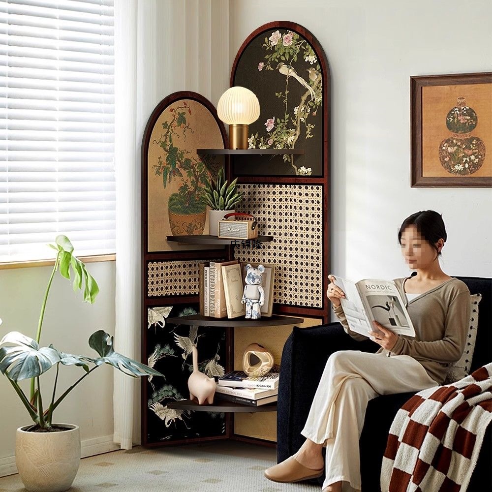 High-End Corner Multi-Layer Decorative Painting, Antique-Style Living Room Corner Cabinet Storage Rack, French Retro Decorative Painting