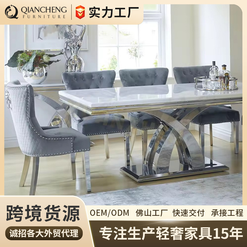 Mesa de Comedor de Mármol y Acero Inoxidable para 6 Personas Desmontable para Restaurante