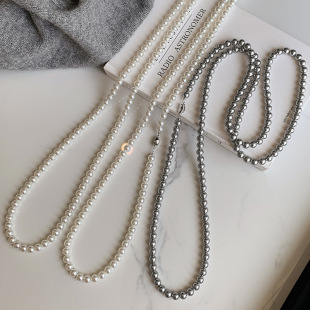 Shi Jiazhen silver-gray long pearl sweater chain for women's light luxury niche double layered high-end atmospheric necklace