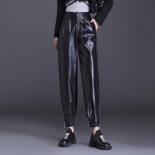 海宁皮裤女哈伦裤2025秋冬新款高腰萝卜裤宽松绵羊皮休闲九分裤