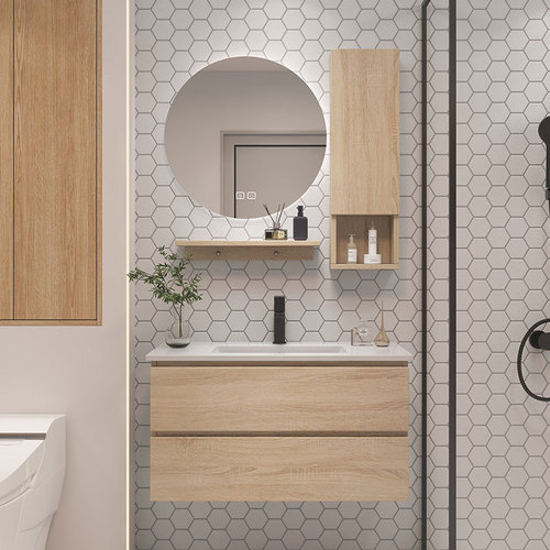 Wholesale modern simple wood color bathroom cabinet combination ceramic integrated basin wash cabinet bathroom sink hand washing