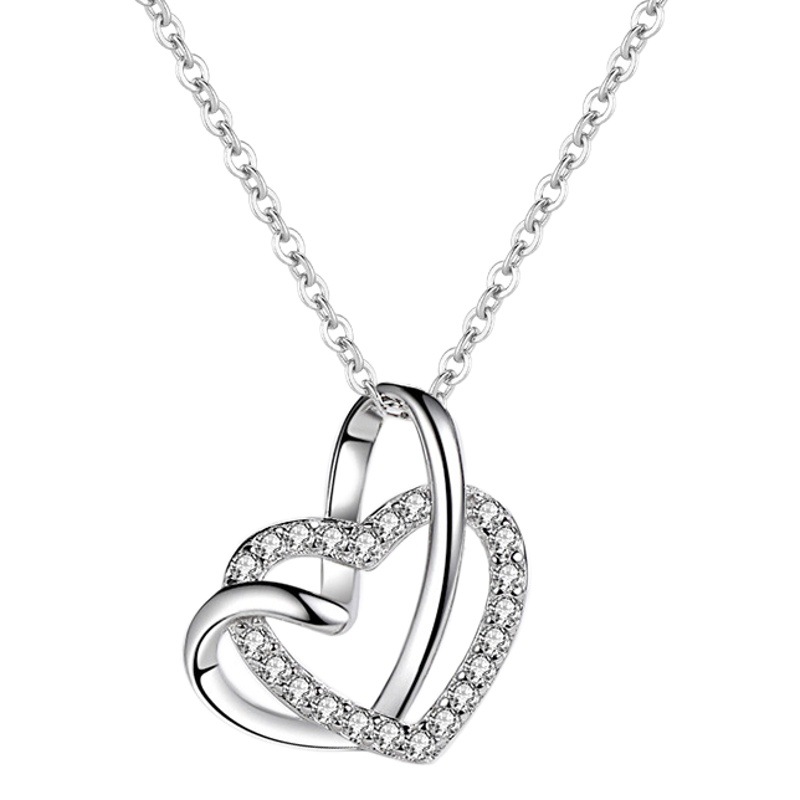 S925 plata doble corazón colgante collar clavícula elegante dama corazón a corazón colgante diamante en forma de corazón collar de comercio exterior