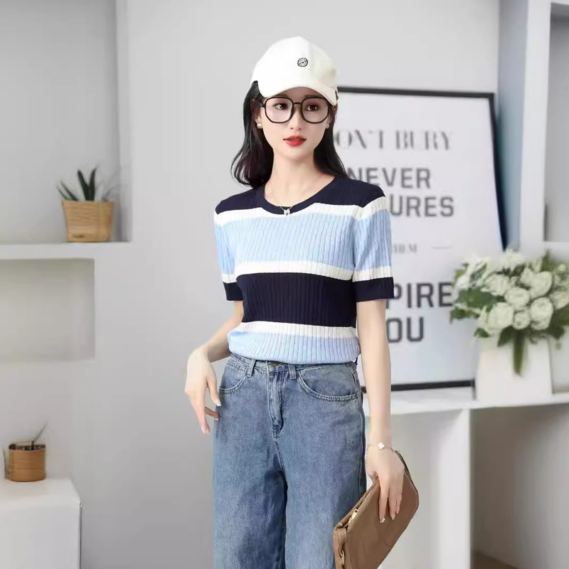 Kayla Tencel Top Women's Summer Fashion T-shirt Thin Trendy Top Mulberry Silk Knit Striped Women