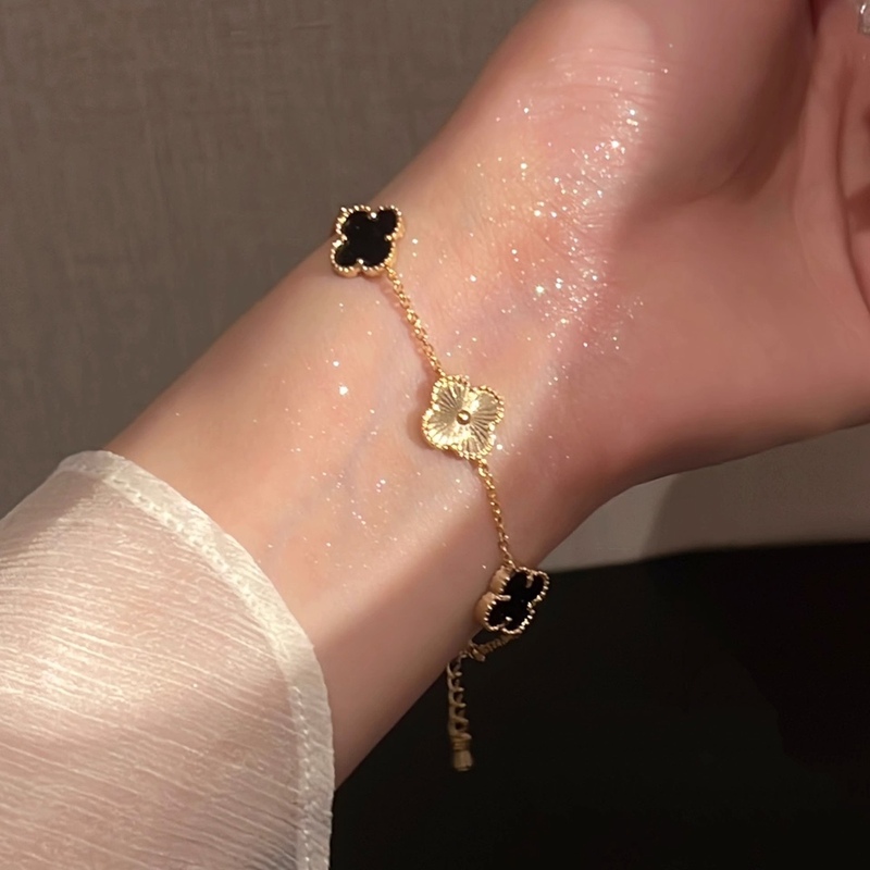 黑金四叶草手链女轻奢小众精致贝母闪钻花朵手镯高级感年新款|undefined
