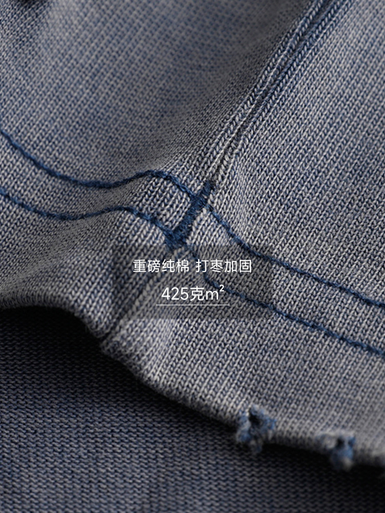 4cm つば広小さなネックラインアメリカンホール Tシャツ男性用摩耗破壊レトロウォッシュ加工メンズ半袖