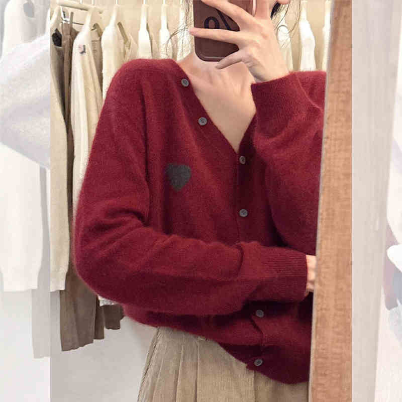 小个子灰色v领短款开衫毛衣外套女春秋季爱心刺绣针织衫长袖上衣|undefined